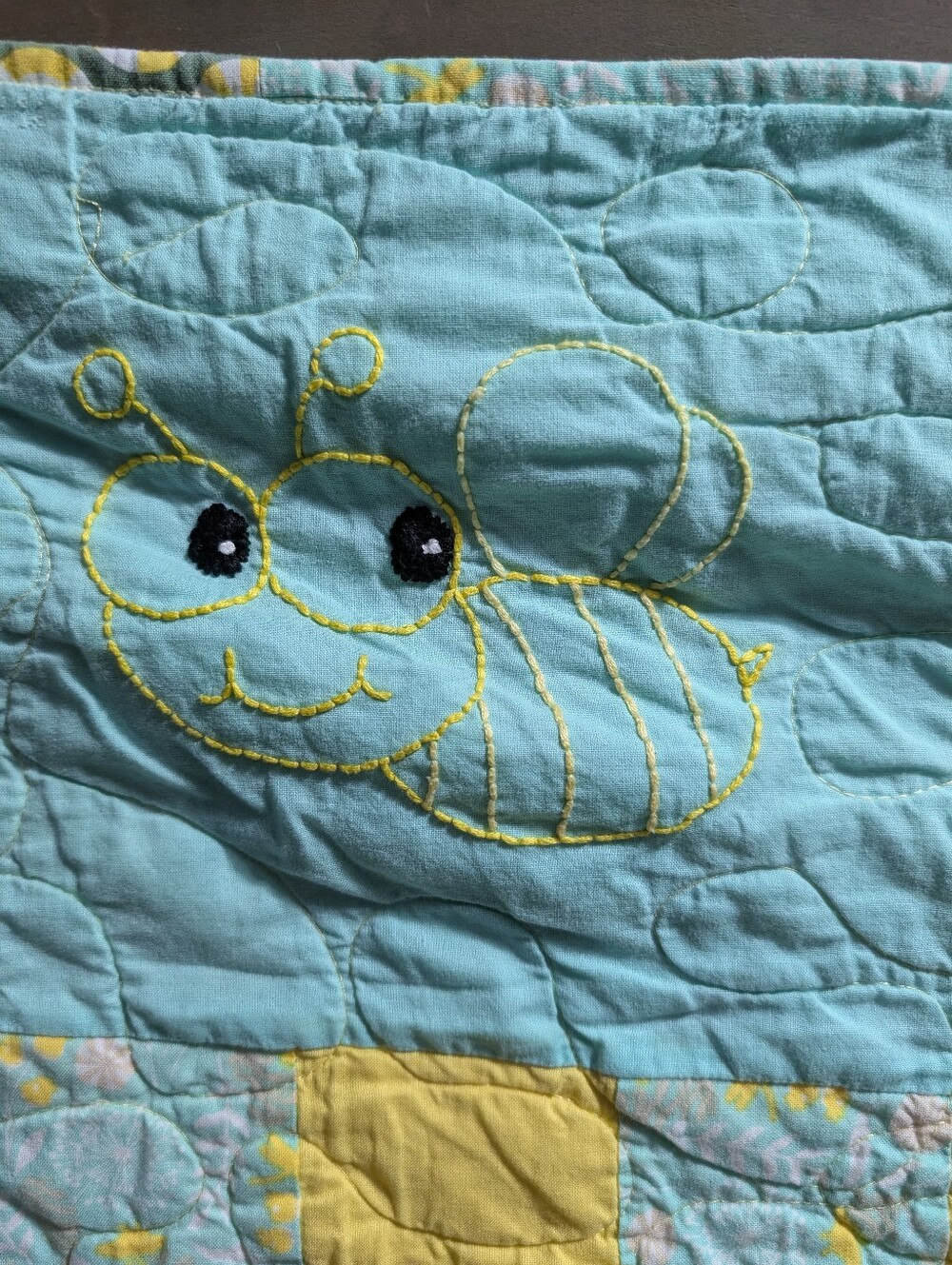 Blue and Yellow Patchwork Baby Quilt with Animal Embroidery 56x52 - Picture 4 of 7